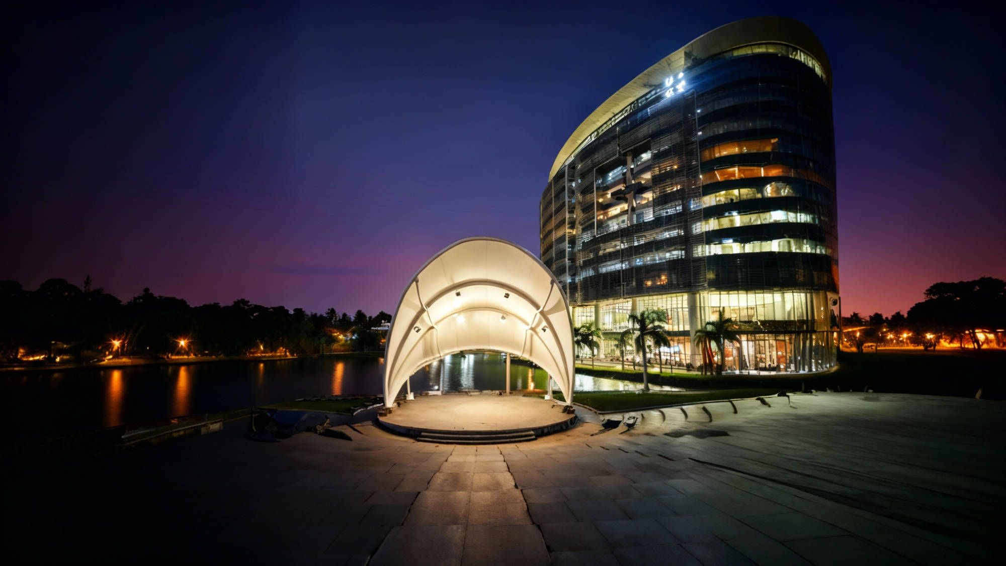 4,000 sqft tensile membrane roof over UST Global amphitheater in Trivandrum by Status Roofing